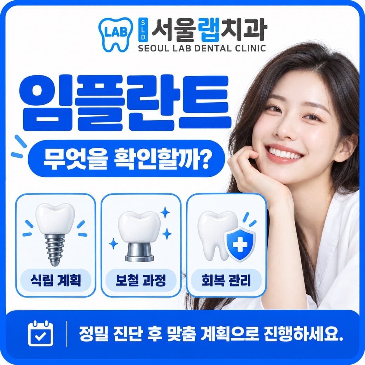 서울랩치과의원 임플란트 안내 카드 — 식립 계획·보철 과정·회복 관리